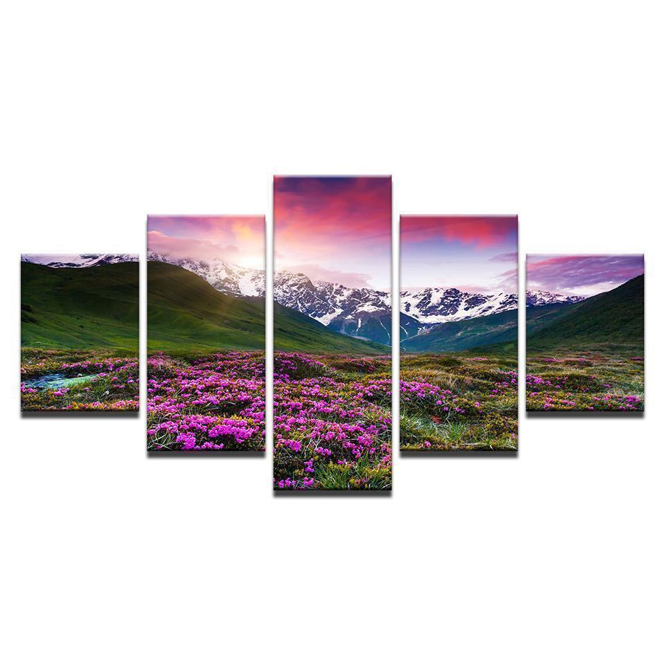 Flowers Snow Mountains And Plains Nature Canvas Wall Art