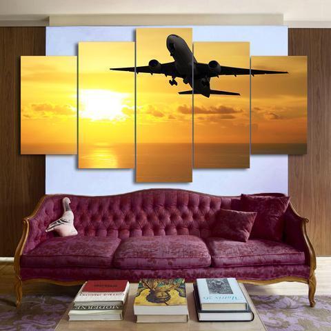Flying Airplane In Golden Sunset Airplane Canvas Wall Art