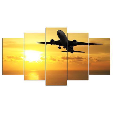 Flying Airplane In Golden Sunset Airplane Canvas Wall Art