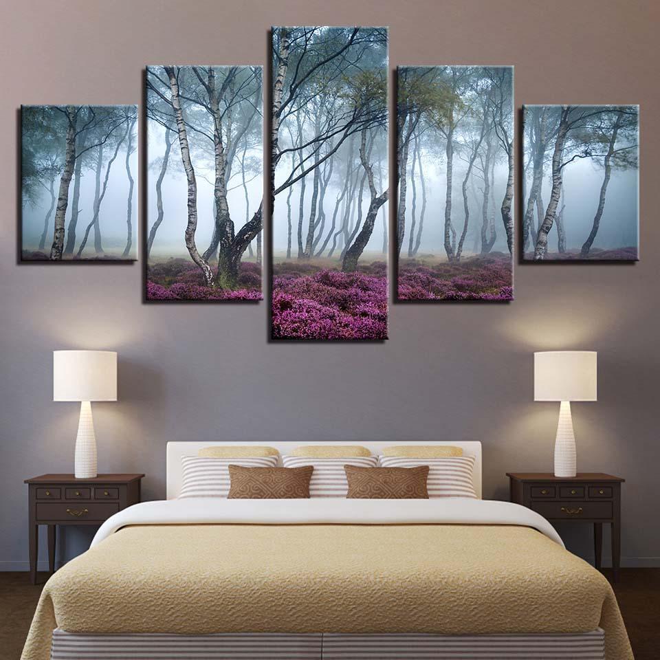 Foggy Forest Trees Pink Flowers Nature Canvas Wall Art