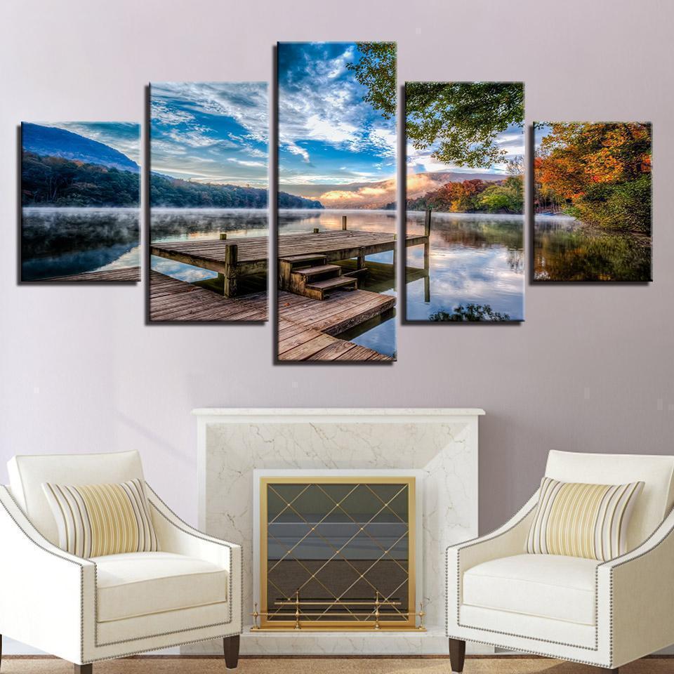 Forest Bridge Stand Lake Early Morning Scenery Nature Canvas Wall Art