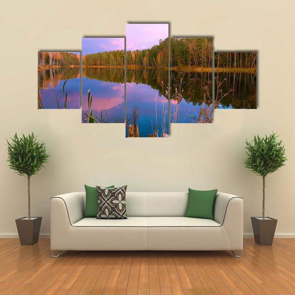 Forest Lake At Amazing Sunrise Nature Canvas Wall Art