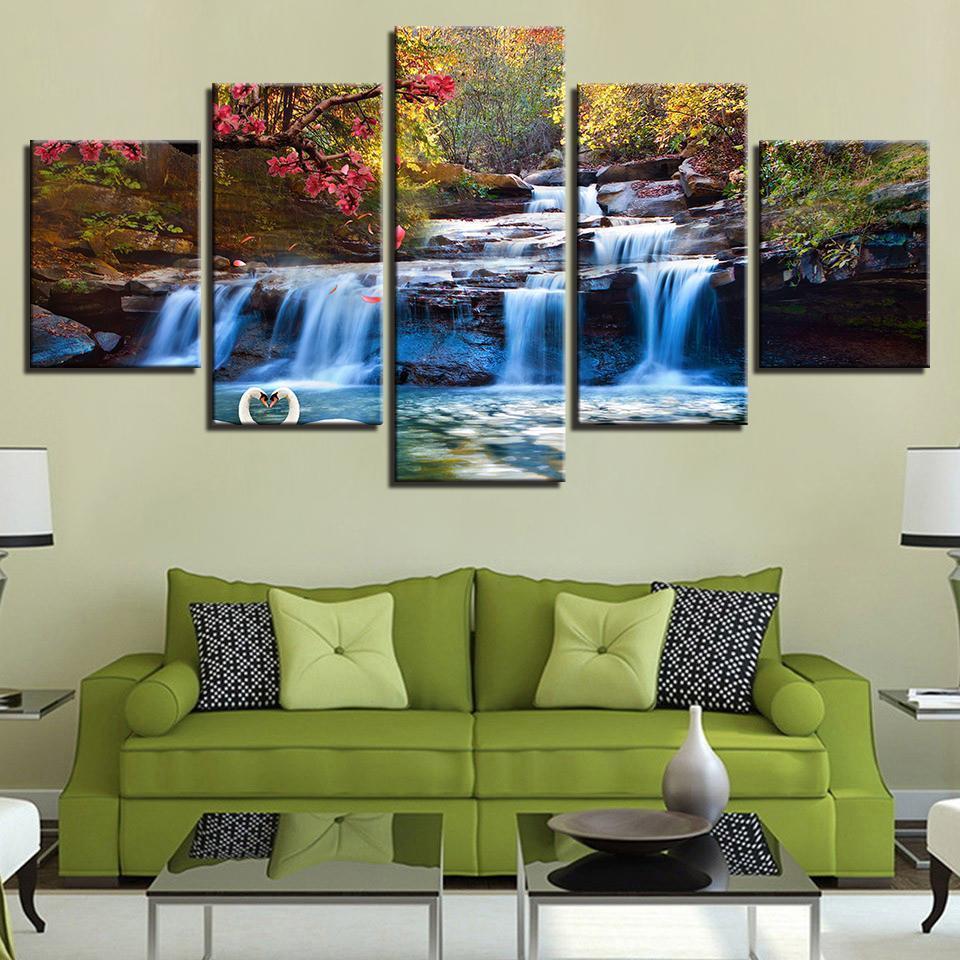 Forest Lake Waterfall Scenery Tree Flower Swan Nature Canvas Wall Art