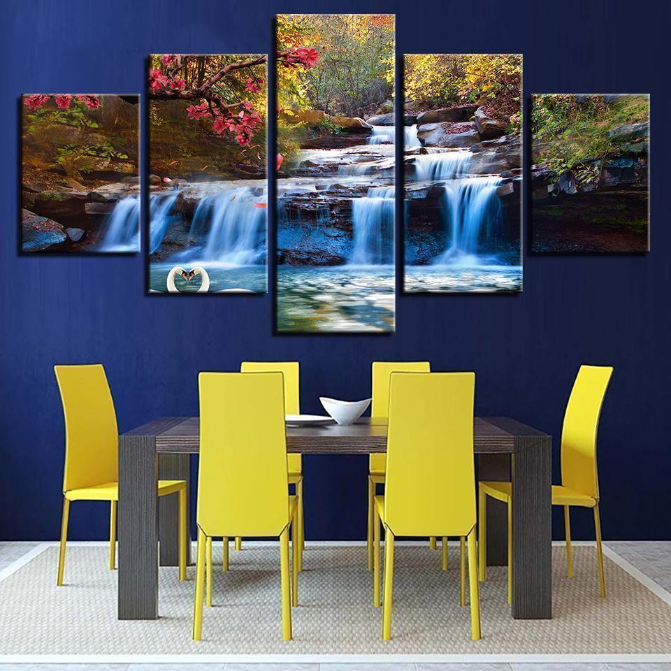 Forest Lake Waterfall Scenery Tree Flower Swan Nature Canvas Wall Art