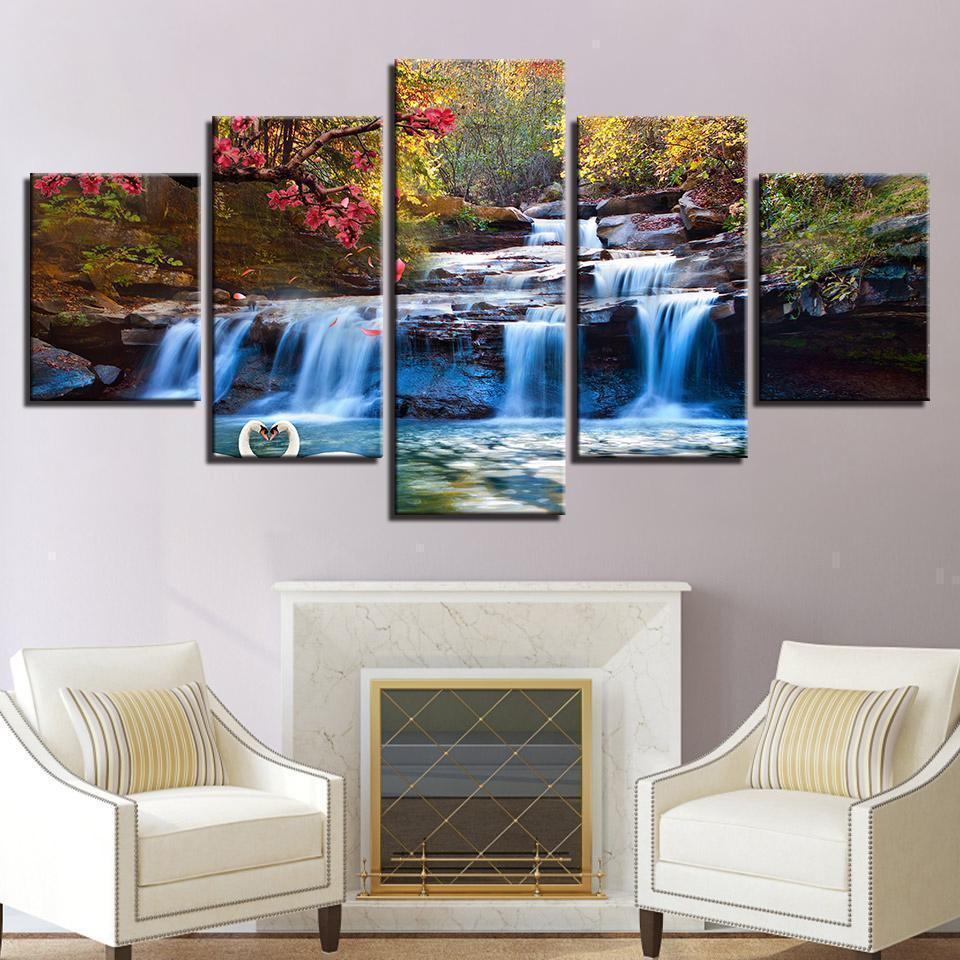 Forest Lake Waterfall Scenery Tree Flower Swan Nature Canvas Wall Art