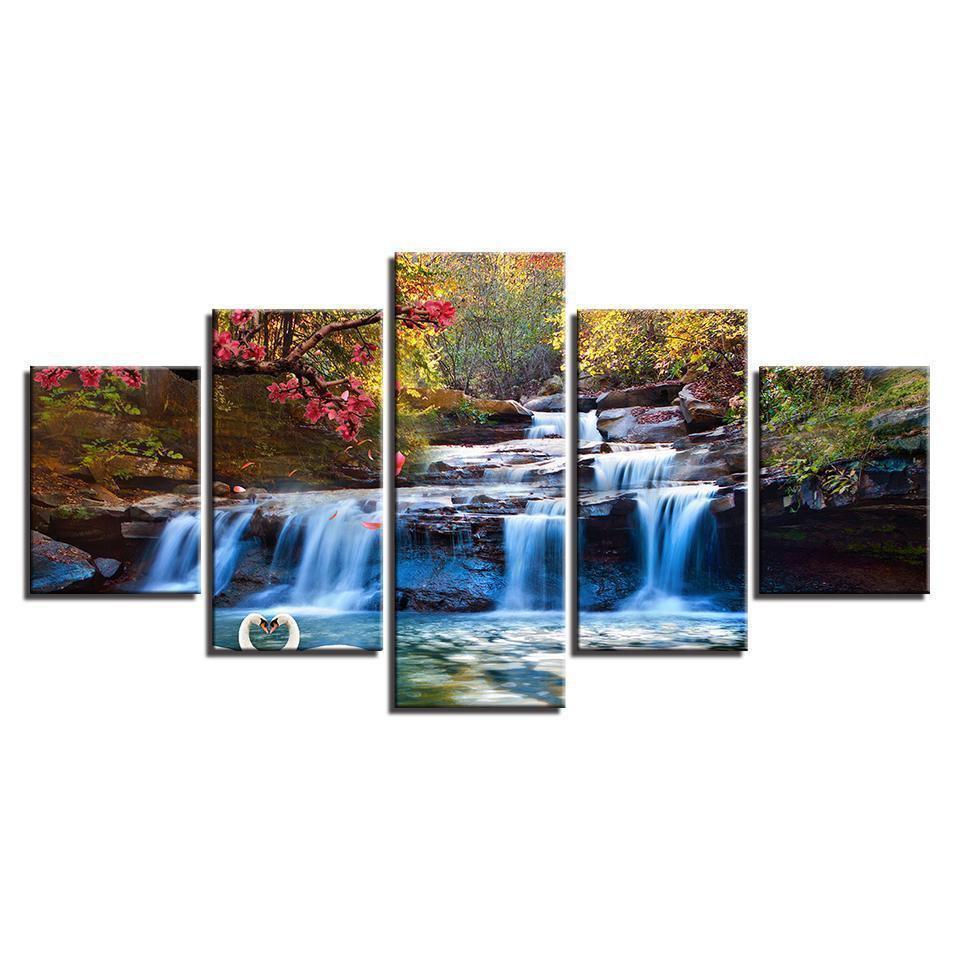 Forest Lake Waterfall Scenery Tree Flower Swan Nature Canvas Wall Art