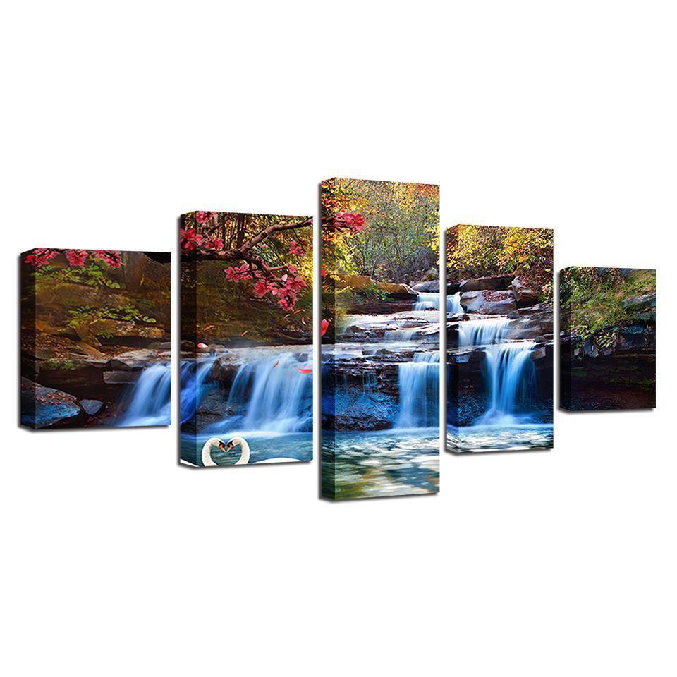 Forest Lake Waterfall Scenery Tree Flower Swan Nature Canvas Wall Art