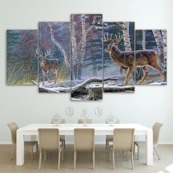 Forest Trees With Two Antelope Deer Animal Canvas Wall Art