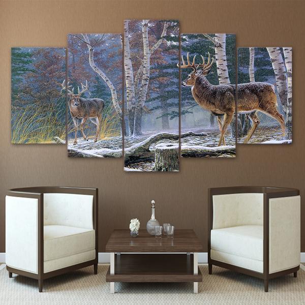 Forest Trees With Two Antelope Deer Animal Canvas Wall Art