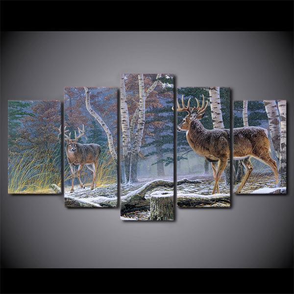 Forest Trees With Two Antelope Deer Animal Canvas Wall Art