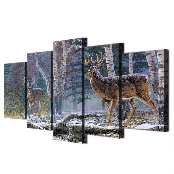 Forest Trees With Two Antelope Deer Animal Canvas Wall Art