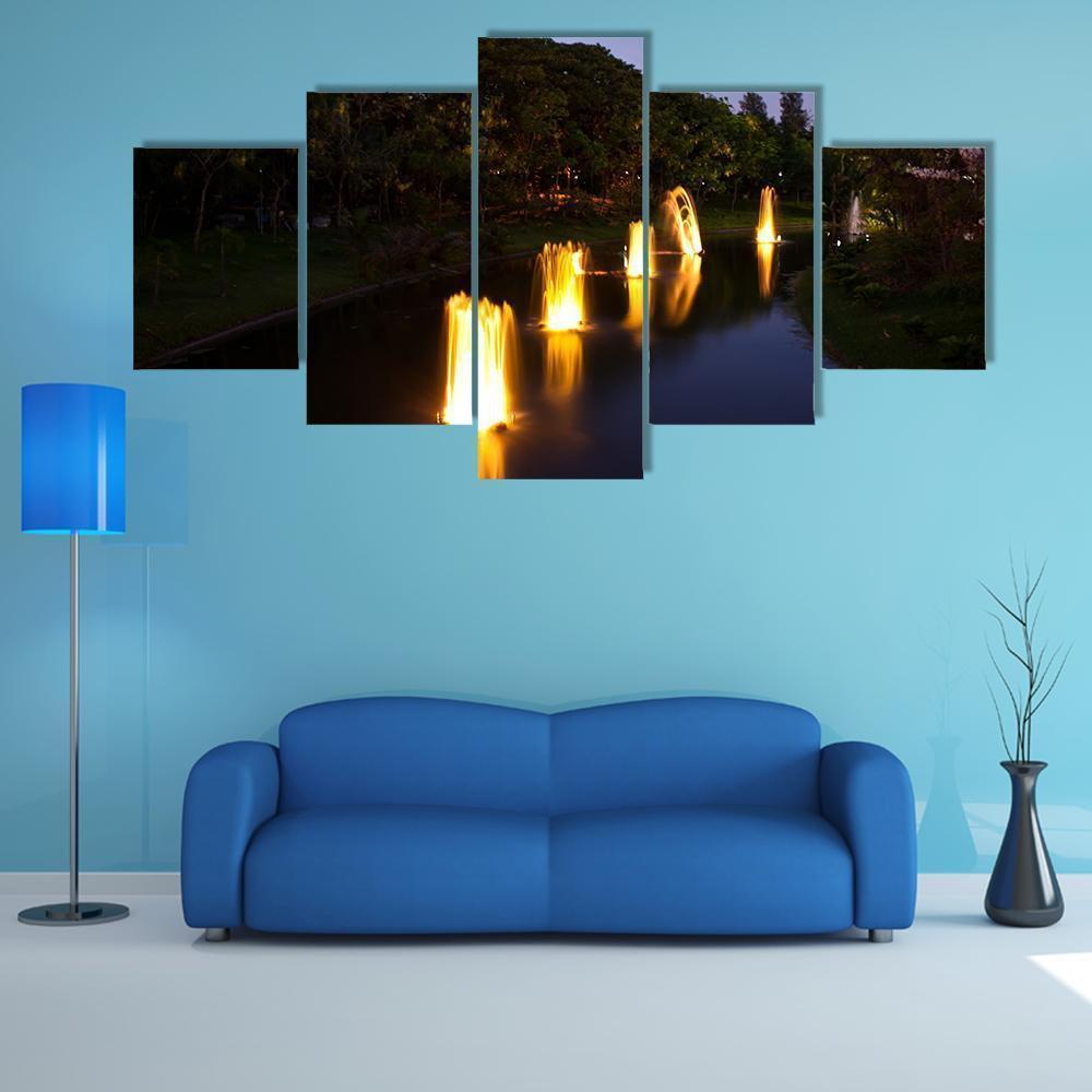 Fountain In Garden At Night Time 1 Nature Canvas Wall Art