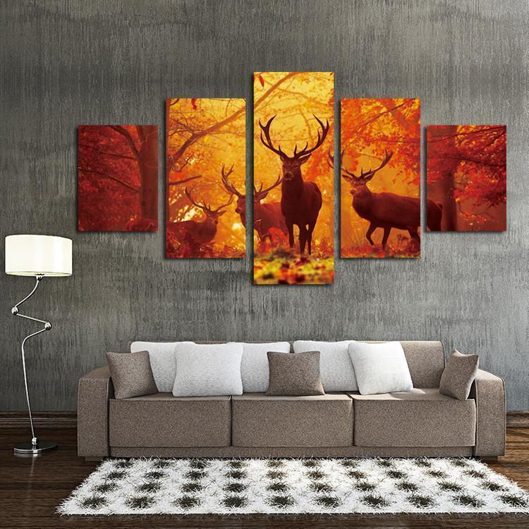 Four Deers Standing Before The Woods Animal Canvas Wall Art