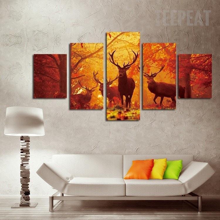 Four Deers Standing Before The Woods Animal Canvas Wall Art