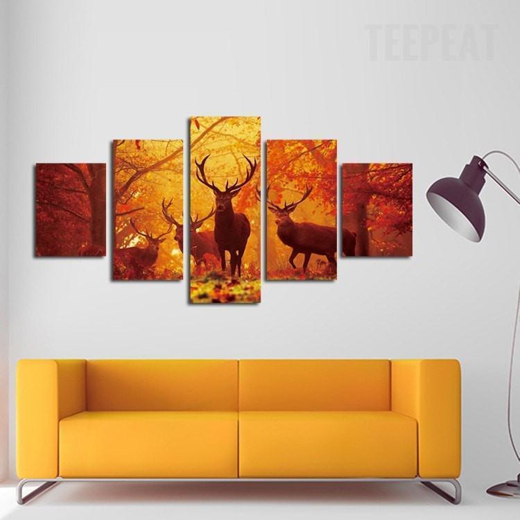 Four Deers Standing Before The Woods Animal Canvas Wall Art