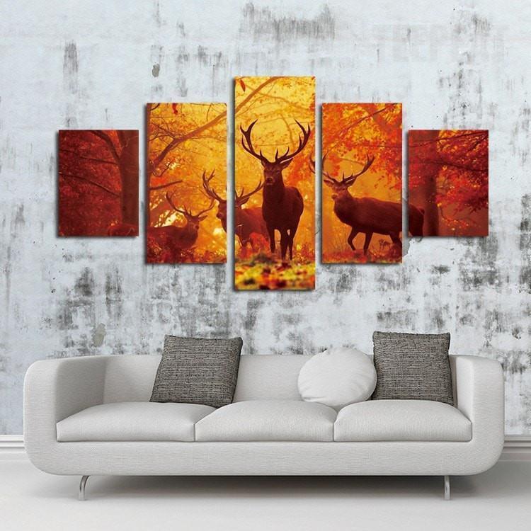 Four Deers Standing Before The Woods Animal Canvas Wall Art
