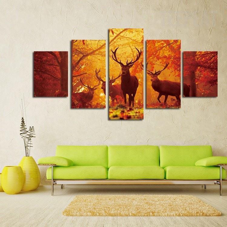 Four Deers Standing Before The Woods Animal Canvas Wall Art