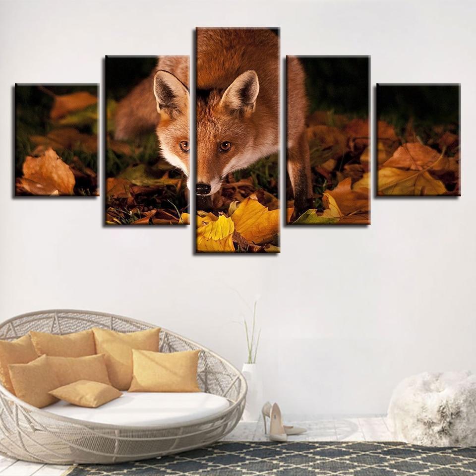 Fox On Yellow Leaves Animal Canvas Wall Art