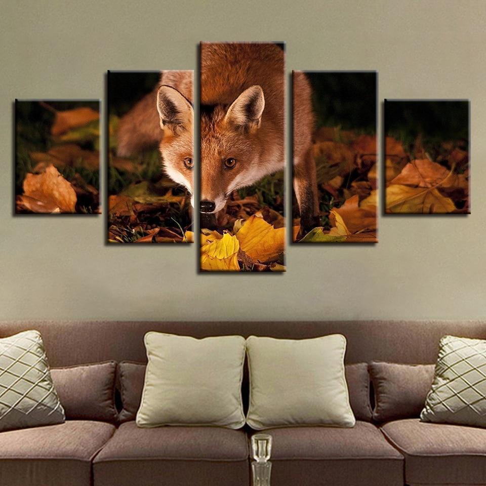 Fox On Yellow Leaves Animal Canvas Wall Art