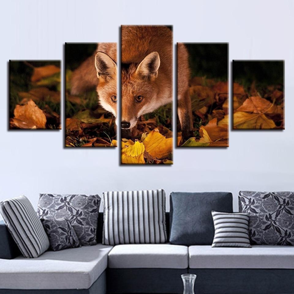 Fox On Yellow Leaves Animal Canvas Wall Art