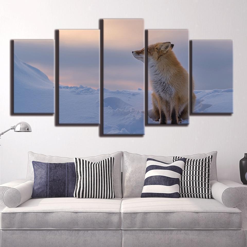 Fox Sitting On Snow Animal Canvas Wall Art