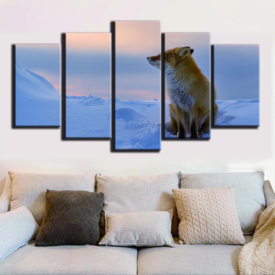 Fox Sitting On Snow Animal Canvas Wall Art