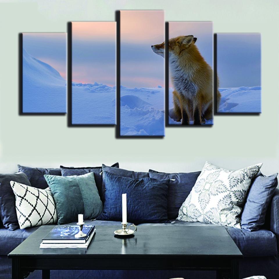 Fox Sitting On Snow Animal Canvas Wall Art