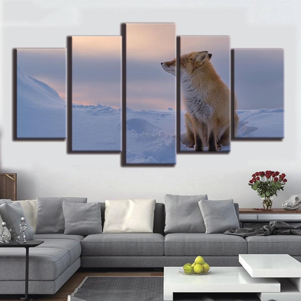 Fox Sitting On Snow Animal Canvas Wall Art