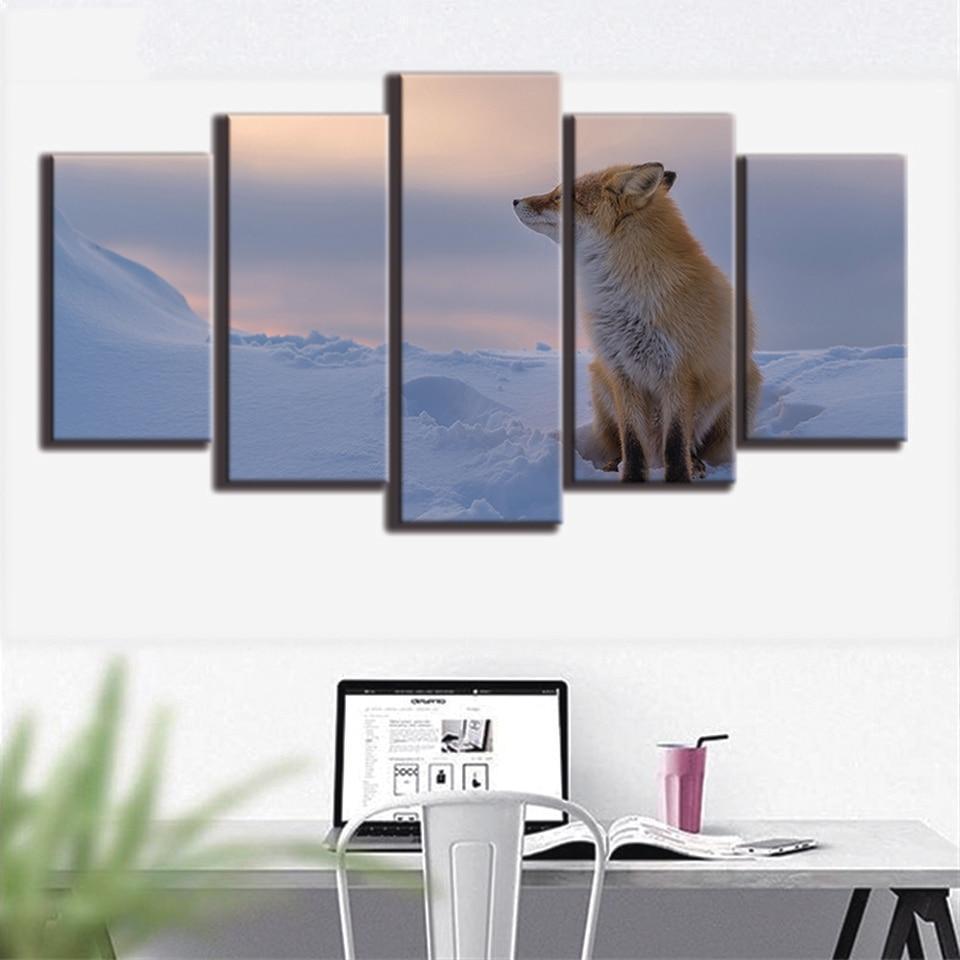 Fox Sitting On Snow Animal Canvas Wall Art