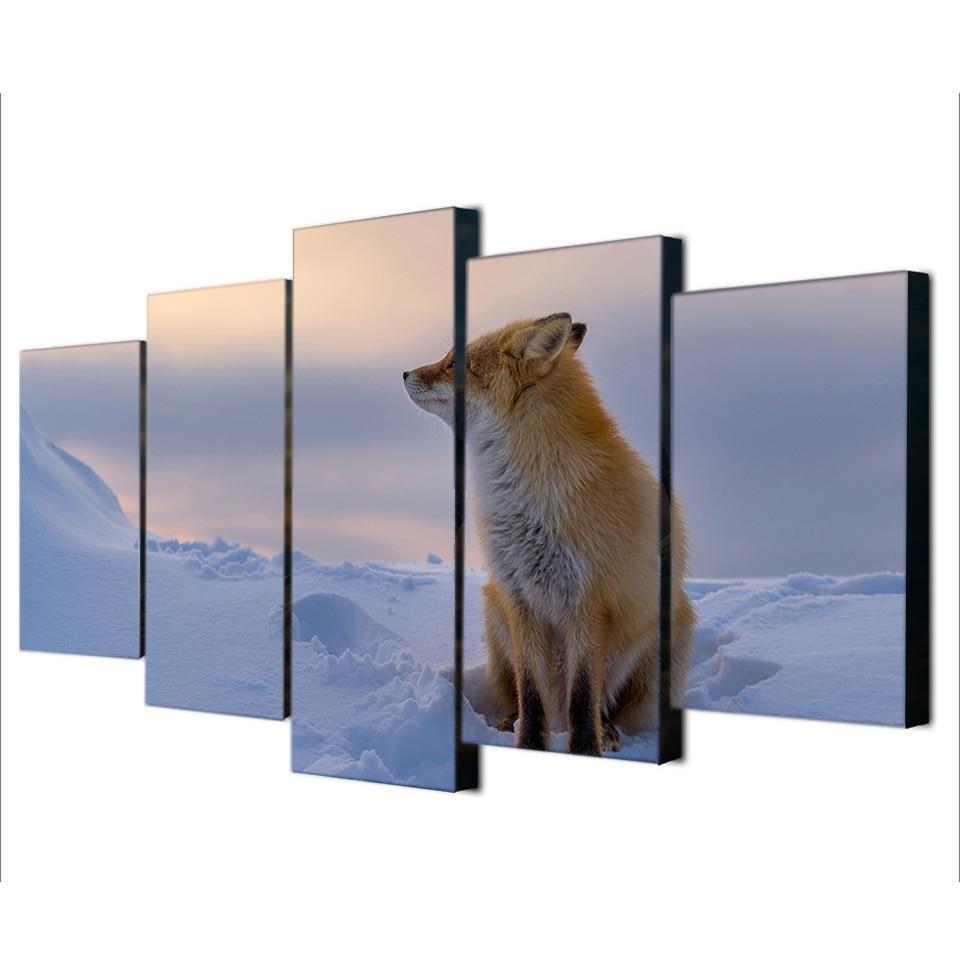 Fox Sitting On Snow Animal Canvas Wall Art