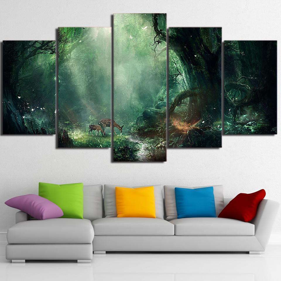 Fresh Magic Forest Deers Abstract Nature Canvas Wall Art