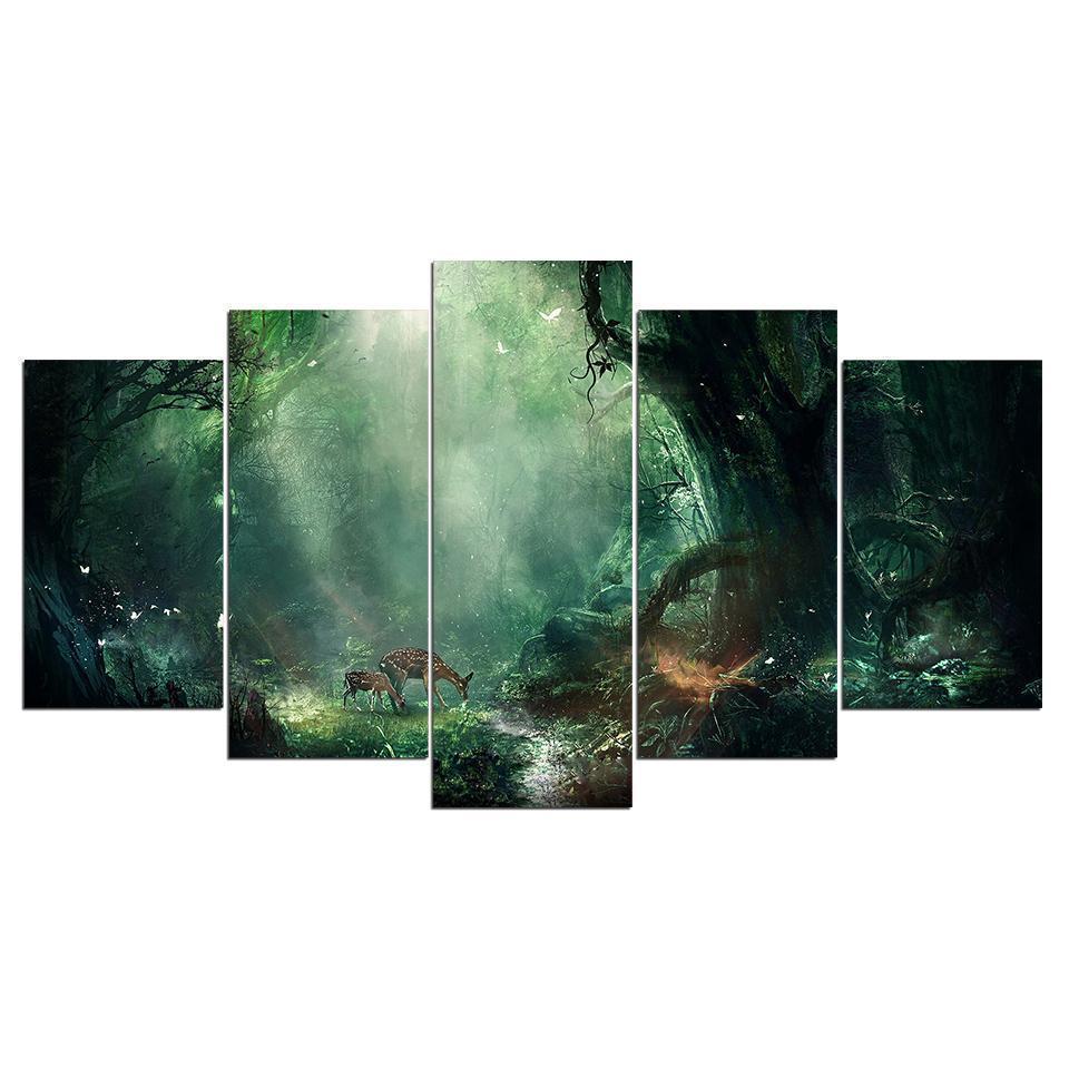 Fresh Magic Forest Deers Abstract Nature Canvas Wall Art
