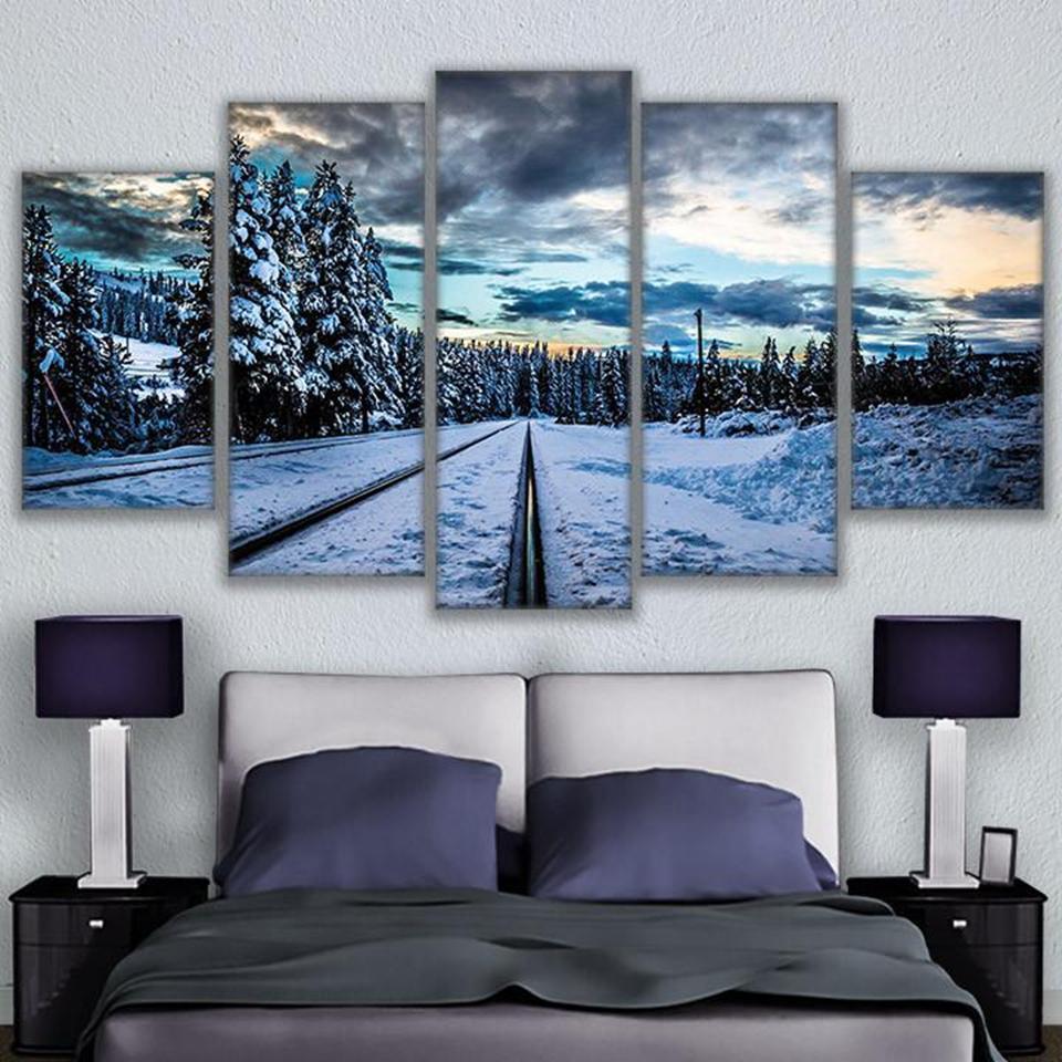 Frozen Train Tracks Snow Scene Nature Canvas Wall Art