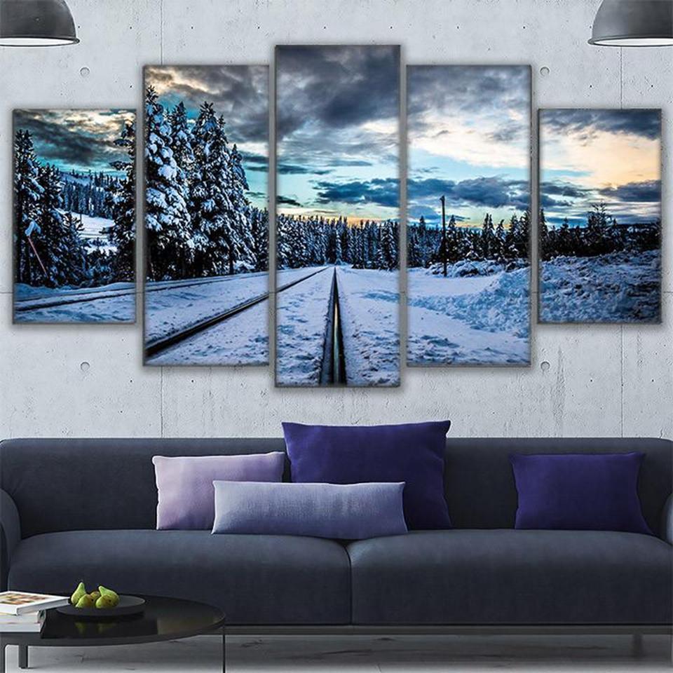 Frozen Train Tracks Snow Scene Nature Canvas Wall Art