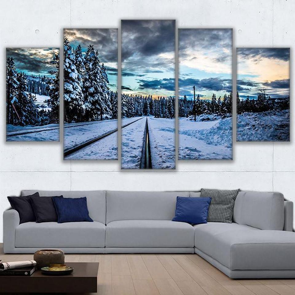 Frozen Train Tracks Snow Scene Nature Canvas Wall Art