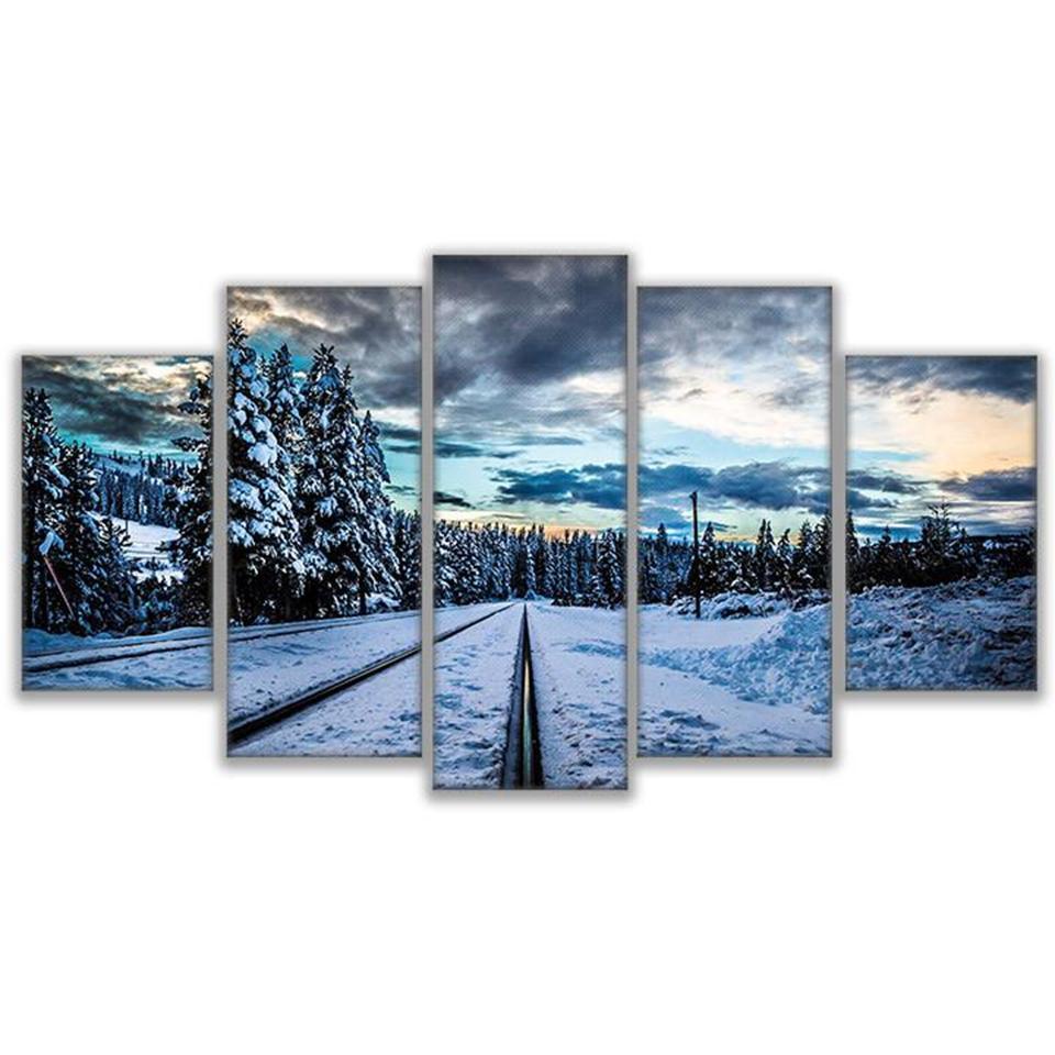Frozen Train Tracks Snow Scene Nature Canvas Wall Art