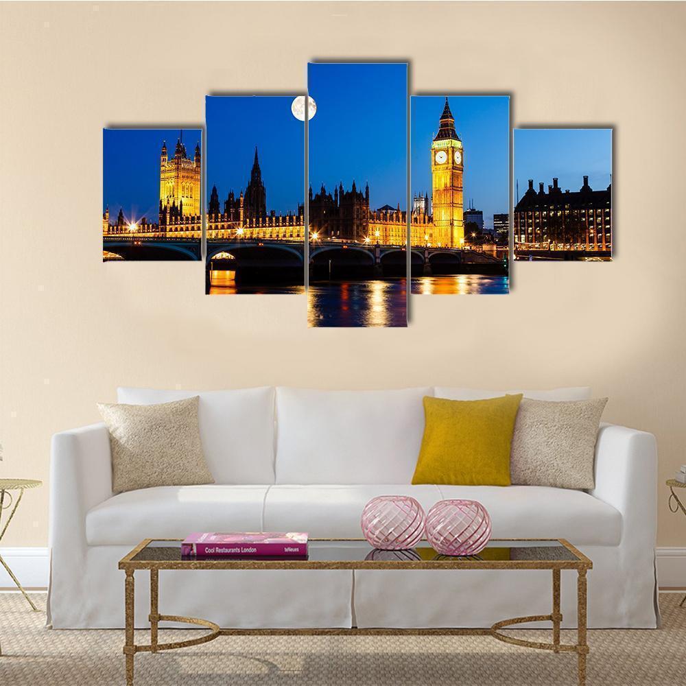 Full Moon Above Big Ben And House Of Parliament In London Nature Canvas Wall Art