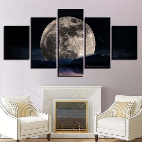 Full Moon Over The Lake Nature Canvas Wall Art