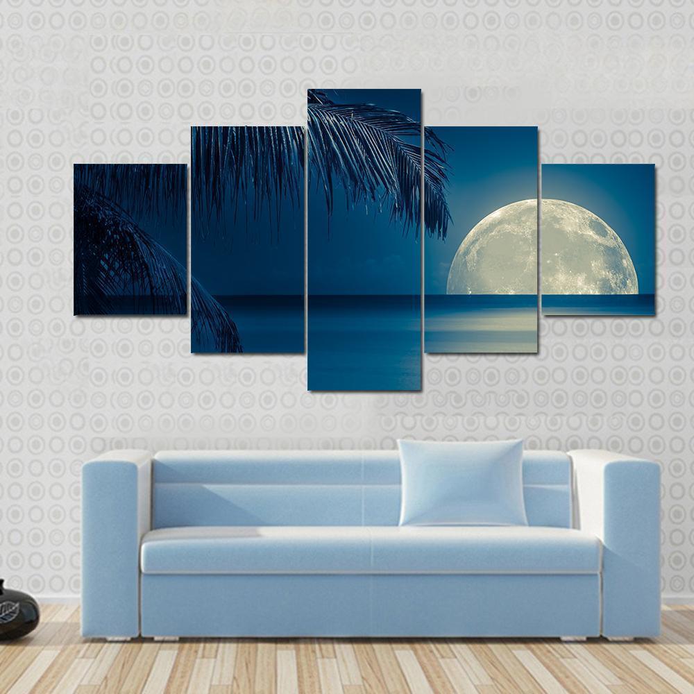 Full Moon Reflected On The Calm Water Of A Tropical Beach Nature Canvas Wall Art
