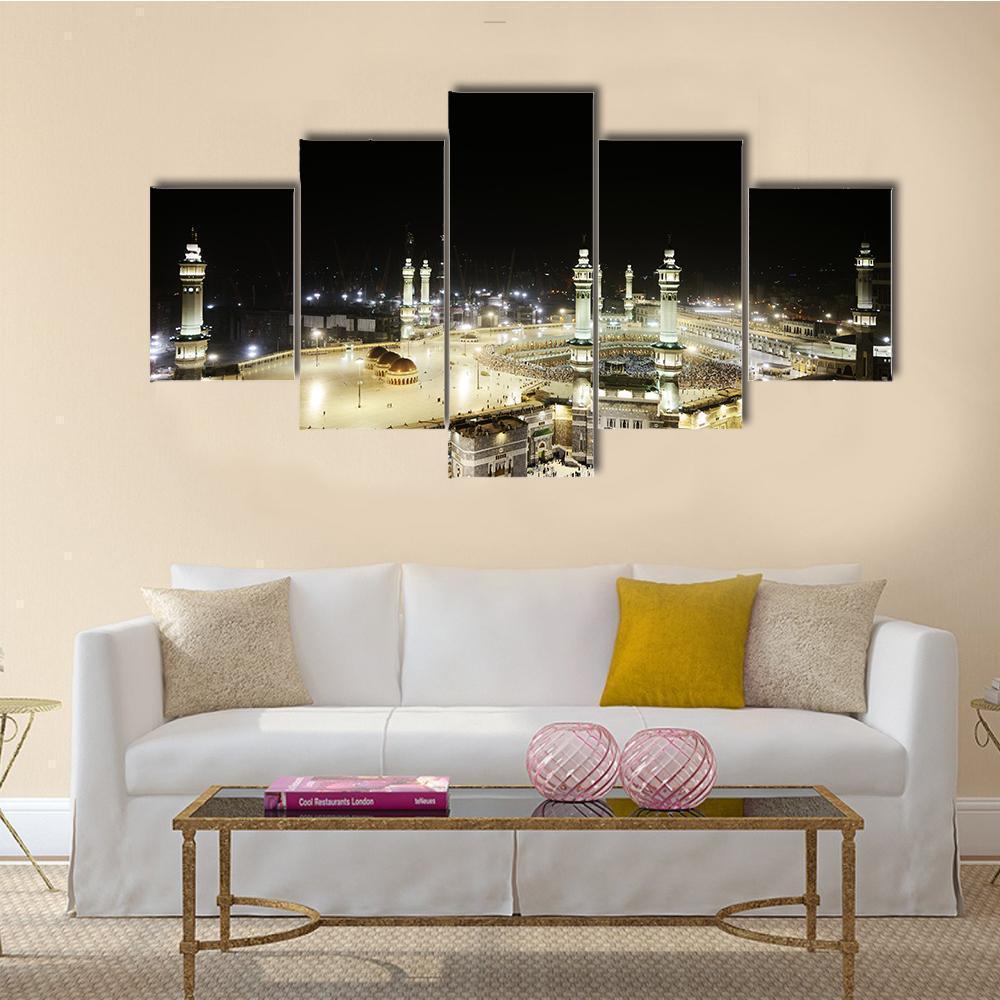 Full View Of Holy Kaaba At Night, Mecca Nature Canvas Wall Art