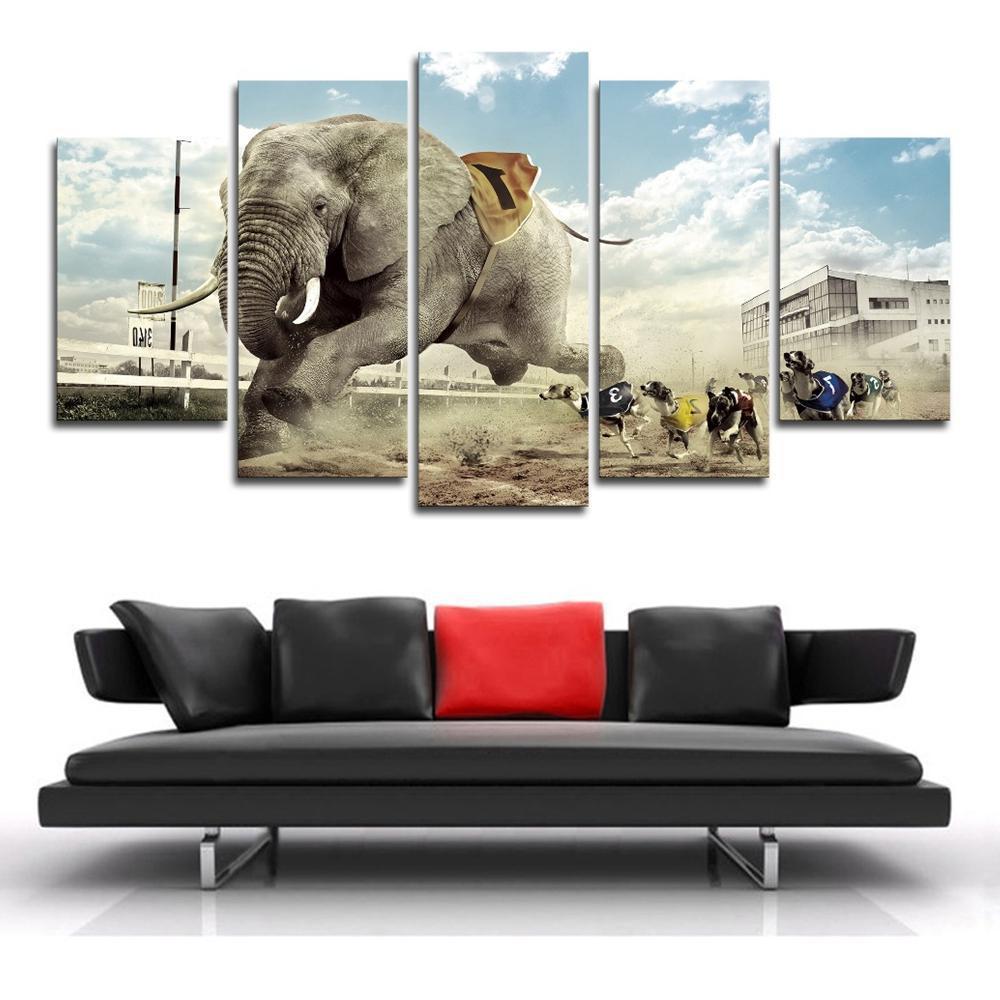 Funny Elephant And Dogs Race Animal Canvas Wall Art