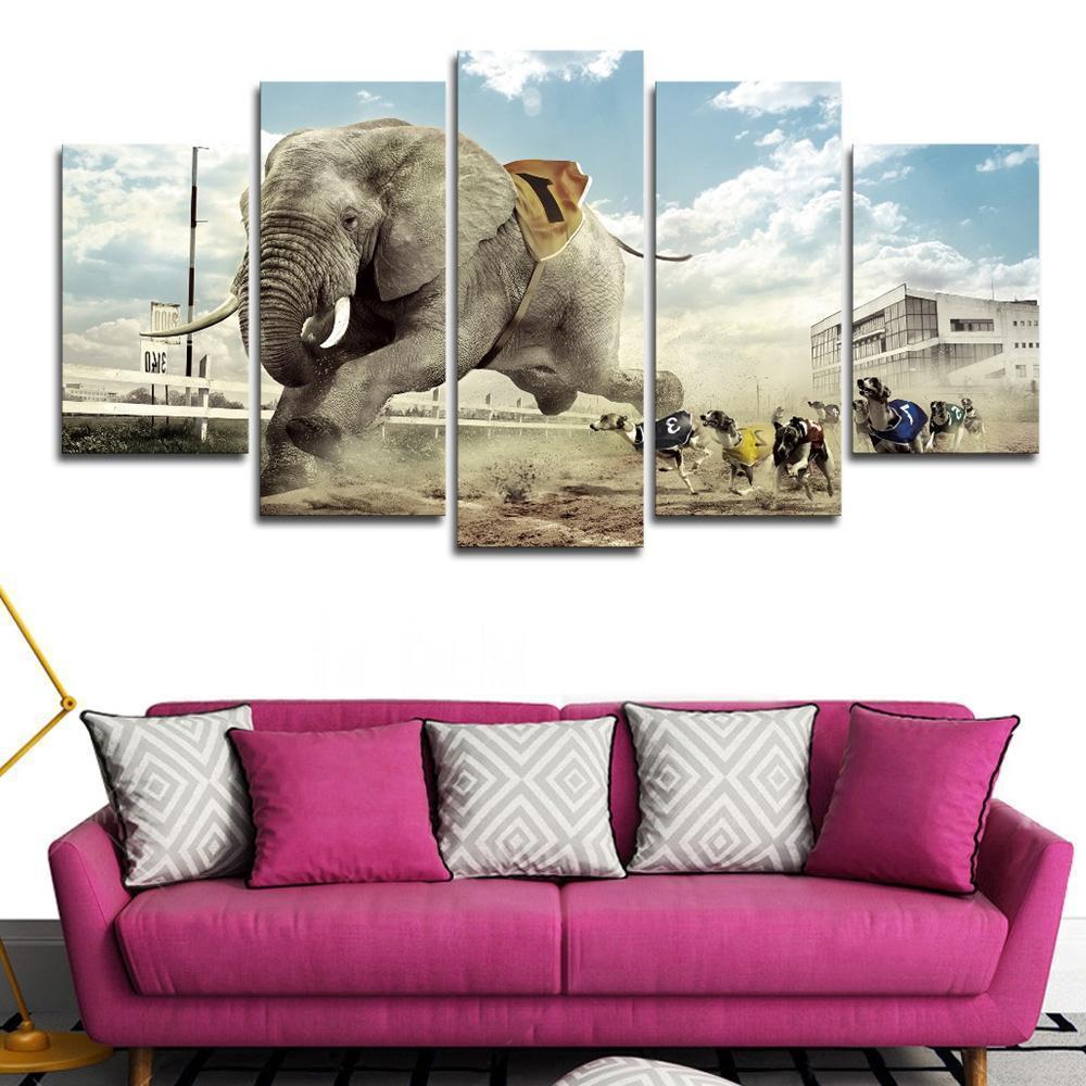 Funny Elephant And Dogs Race Animal Canvas Wall Art