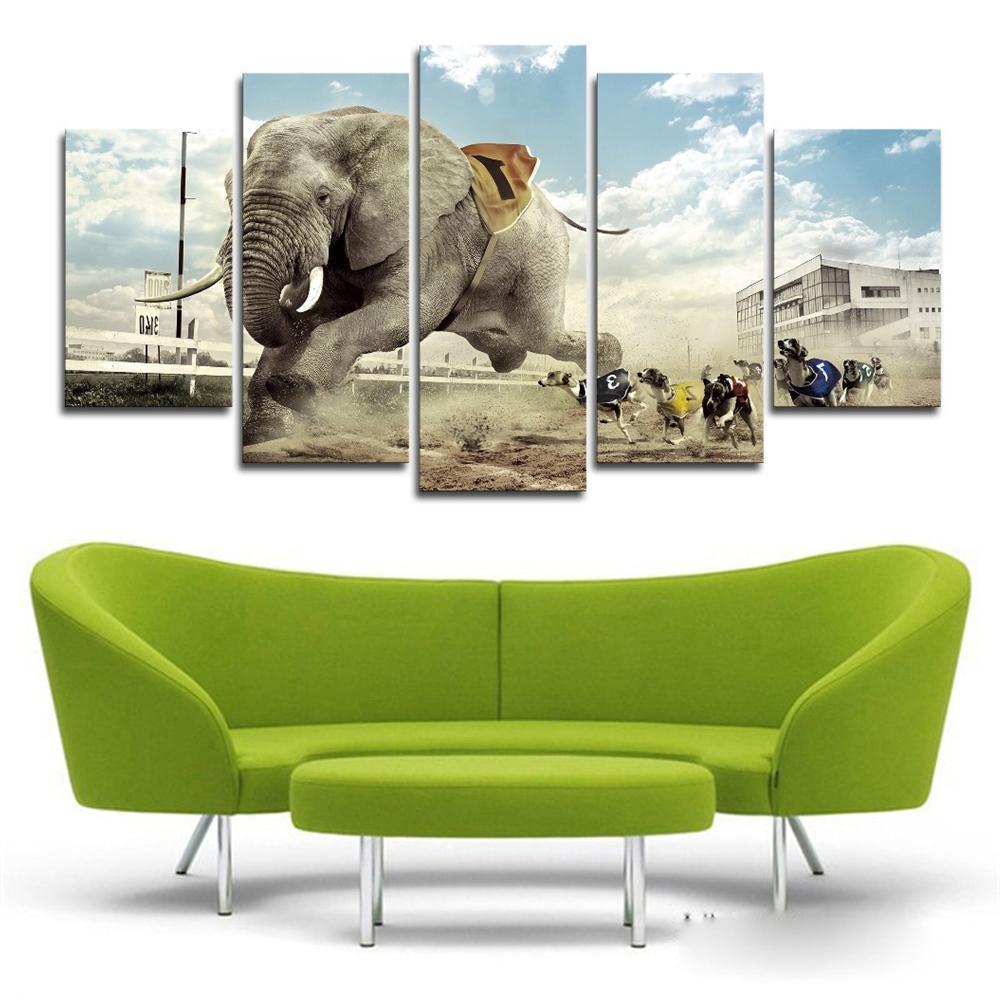 Funny Elephant And Dogs Race Animal Canvas Wall Art