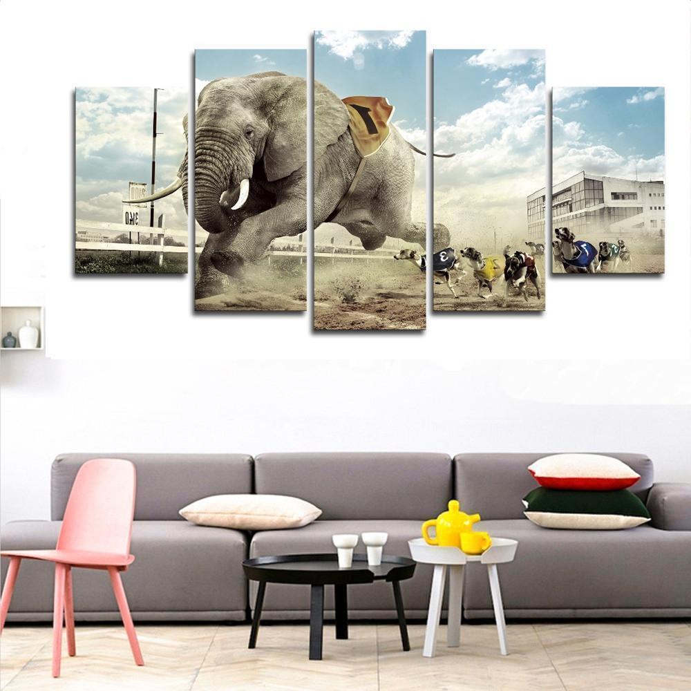 Funny Elephant And Dogs Race Animal Canvas Wall Art