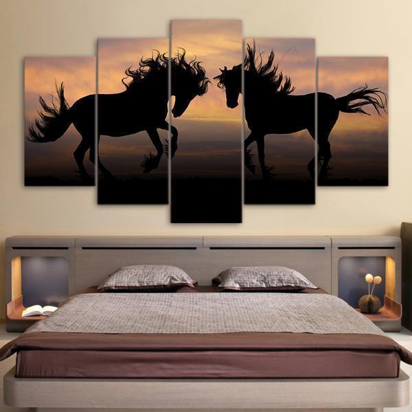 Galloping Black Horses Silhouette Sunset Modern Animal Canvas Wall Art
