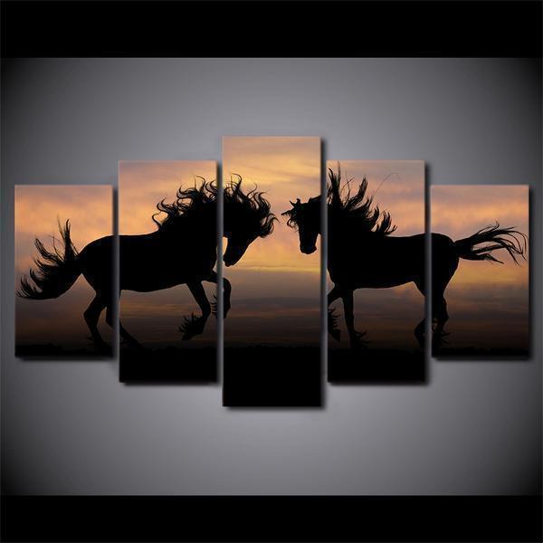 Galloping Black Horses Silhouette Sunset Modern Animal Canvas Wall Art