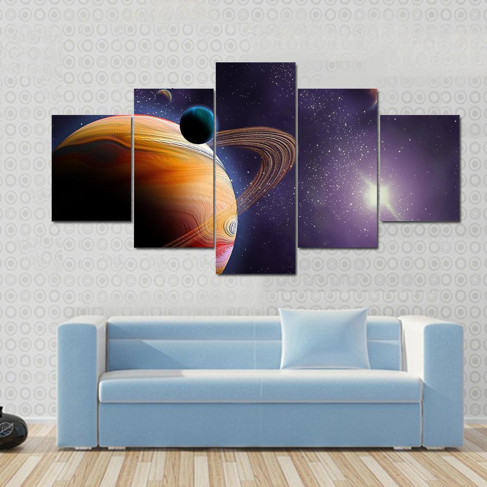 Gasy Planet With Its Moons And Star Space Canvas Wall Art