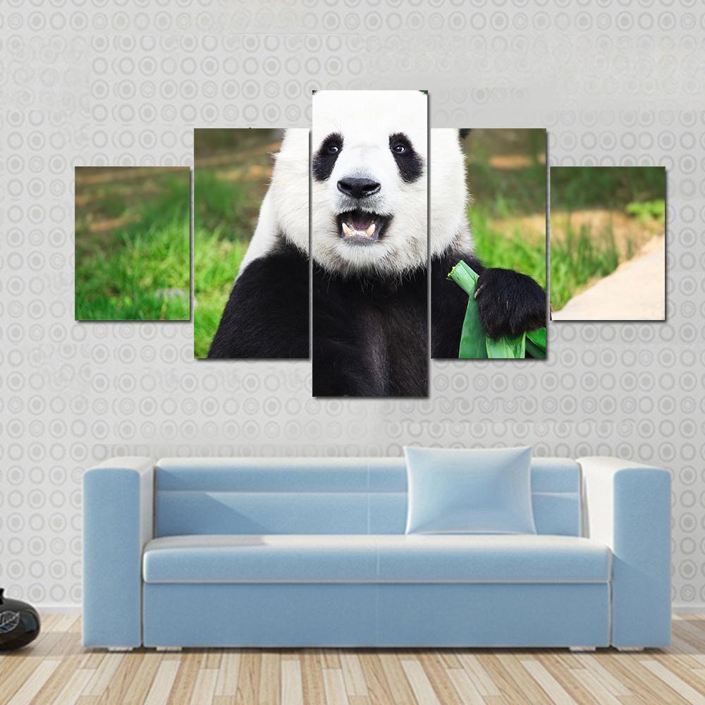 Giant Panda Eating Green Bamboo Leaf Animal Canvas Wall Art