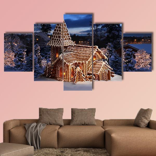 Gingerbread Church On Snowy Christmas Night Nature Canvas Wall Art