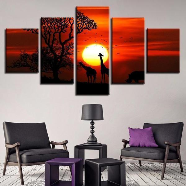 Giraffe Tree Sunset Scenery Animal Canvas Wall Art